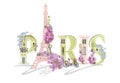 Paris lettering decorated with flowers and the Eiffel tower and other architecture sights.