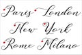Paris, London, New York, Rome, Milano handwrites with red hearts on white background - vector
