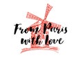 From Paris with love - card with Moulin Rouge landmark, retro hand drawn illustration.