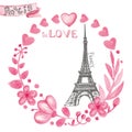 Paris in love. Watercolor floral pink wreath, Eiffel tower Royalty Free Stock Photo