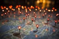 Paris map with red pins, bokeh lights, and travel concept