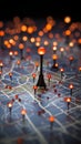 Paris map with red pins, bokeh lights, and travel concept