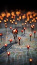 Paris map with red pins, bokeh lights, and travel concept