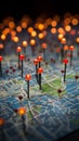 Paris map with red pins, bokeh lights, and travel concept