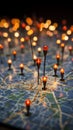 Paris map with red pins, bokeh lights, and travel concept