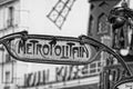 Paris Metro Metropolitain Sign in black and white