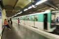 Paris Metro Train approaching staion at speed Royalty Free Stock Photo