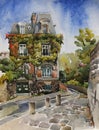 Paris Montmartre street with old house with ivy walls in autumn Royalty Free Stock Photo