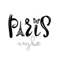 Paris in my heart lettering.Vector abstract background with Eiffel tower, butterfly. black white Royalty Free Stock Photo