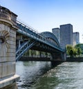 Paris new modern building district and ile aux Cygnes railway bridge Royalty Free Stock Photo