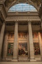 Pantheon inside view with high ceiling, columns, statues and paintings richly decorated in Paris. Royalty Free Stock Photo