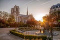 Paris, Notre Dame cathedral against sunrise in France Royalty Free Stock Photo