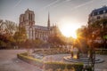 Paris, Notre Dame cathedral against sunrise in France Royalty Free Stock Photo