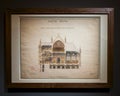 Paris Notre-Dame Cathedral map framed with dark brown wooden frame, longitudinal section of the projected sacristy. Royalty Free Stock Photo