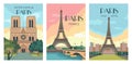 Paris posters. Vintage France travel postcards for French tour or beautiful trip landmark. Urban landscape. Eiffel tower Royalty Free Stock Photo