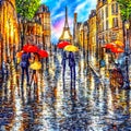 Paris romantic lovers walking in rainy street in painting style
