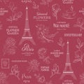 Paris romantic seamless pattern. Spring tour swatch with birds, flowers and eiffel tower. Calligraphic sign of paris.