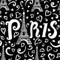 Paris seamless pattern black and white color. Eiffel tower, hearts, swirl sketch graphics illustration. Romantic france Royalty Free Stock Photo