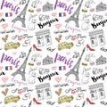 Paris seamless pattern with Hand drawn sketch elements - eiffel tower triumf arch, fashion items. Drawing doodle vector illustrati