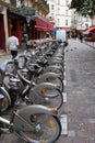 Paris , seine / France - 11 18 2019 : Shared rental bicycle row of rent bikes Velib service in Paris France