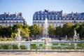 PARIS - September 10, 2019 : Aisles and pond of the Tuileries Garden in summer