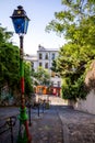 PARIS - September 6, 2019 : Typical Parisian stairway street on Butte Montmartre