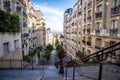 PARIS - September 6, 2019 : Typical Parisian stairway street on Butte Montmartre