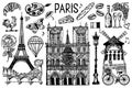 Paris set in vintage retro style. France, eiffel tower and buildings. Retro doodle elements. Vector illustration. Hand Royalty Free Stock Photo
