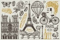 Paris set in vintage retro style. France, eiffel tower and buildings. Retro doodle elements. Vector illustration. Hand Royalty Free Stock Photo