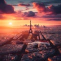 Paris Skyline Graced by the Setting Sun, An Evening Tapestry of Radiant Beauty. Generative ai for illustrations