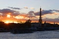 Paris skyline at sunset, with Eiffel tower, Alexandre III bridge, Seine river , Paris, France Royalty Free Stock Photo