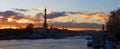 Paris skyline at sunset, with Eiffel tower, Alexandre III bridge, Seine river , Paris, France Royalty Free Stock Photo