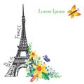 Paris spring card.Eiffel tower,Watercolor flowers Royalty Free Stock Photo