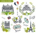 Paris spring.Famous landmarks,floral decor set