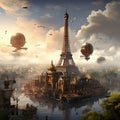 Paris in a steampunk universe, with the Eiffel Tower surrounded by flying airships and steam-powered machinery