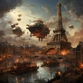 Paris in a steampunk universe, with the Eiffel Tower surrounded by flying airships and steam-powered machinery
