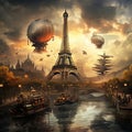 Paris in a steampunk universe, with the Eiffel Tower surrounded by flying airships and steam-powered machinery