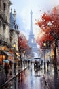 Paris street with Eiffel Tower, France. Digital watercolor painting Royalty Free Stock Photo