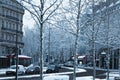 Paris street, trees covered with snow during day Royalty Free Stock Photo