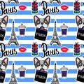 Paris style. A dog is holding a shopping bag seamless pattern. Striped background. Vector hand drawn. Royalty Free Stock Photo