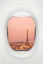 Paris at sunset seen through the window of airplane, travel concept Royalty Free Stock Photo