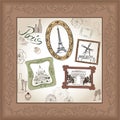 Paris symbol hand drawn picture in frame with design elements set.