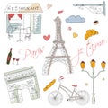 Paris symbols, postcard, hand drawn