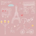 Paris symbols, postcard, hand drawn