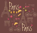 Paris symbols, postcard, hand drawn