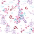 Paris symbols seamless pattern. Romantic travel in Paris. Vector Royalty Free Stock Photo