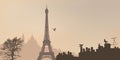 View of Paris with the Eiffel Tower and the Montmartre hill.