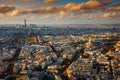 Paris view from above during a spectacular autumn sunset evening from Montparnasse Tower to Tour Eiffels - amazing colors