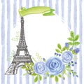 Paris vintage card.Eiffel tower,Watercolor blue rose,strips