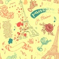 Paris. Vintage seamless pattern with Eiffel Tower, flowers, feathers, cocktails and text.